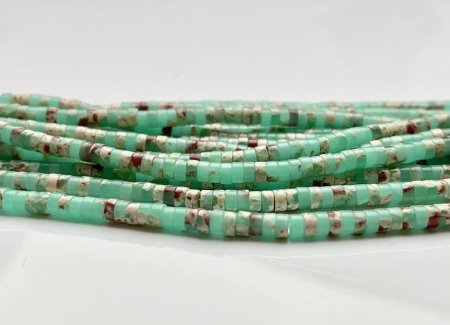 2x4mm Green And Cream Color Impression Jasper Heishi Rondelle Shape Genuine Impression Jasper Discs Gemstone Beads 15.5 Inches Strand #3831