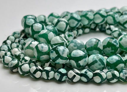 8 mm or 12 mm AAA DZI Tibetan Agate Faceted Round Multi Green And White Color Football Agate Gemstone Loose Beads #4053