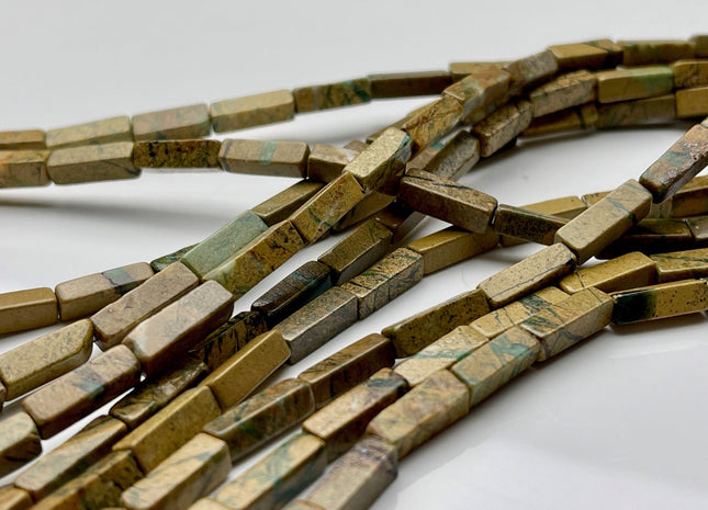 4-5x13 mm Cuboid Tube Shape Picture Jasper Gemstone Beads Green Brown Picture Jasper Gemstones Loose Beads 15.5 Inches Strand #3827