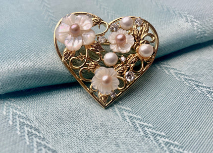 Genuine AAA Natural Freshwater Pearl Brooch Gold Color Heart Shaped Design Pendant With Carved MOP Flowers #10032