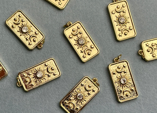 Sun Stars Crescent Moon Sky Charms for Necklace Jewelry Making, 18K Gold Filled Charm Pendant With CZ Crystals, One Piece #CR0028