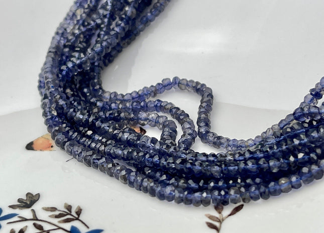 3.5-4mm Natural Multi Blue Iolite Gemstone Beads Faceted Rondelle Shape Genuine Blue Iolite Tiny Gemstone Bead 13 Inches Strand #4145