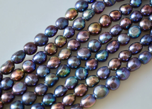 8x9mm Large Hole Dark Peacock Color Oval Nugget Shape Freshwater Pearls Beads Hole 2.2mm #793