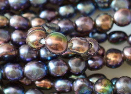 8x9mm Large Hole Dark Peacock Color Oval Nugget Shape Freshwater Pearls Beads Hole 2.2mm #793