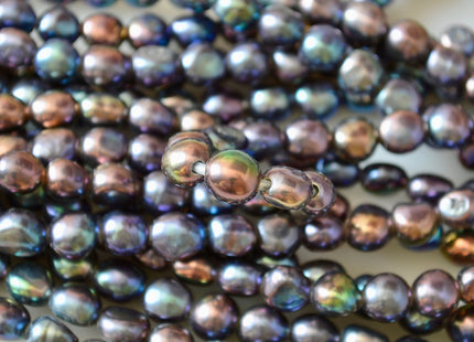 8x9mm Large Hole Dark Peacock Color Oval Nugget Shape Freshwater Pearls Beads Hole 2.2mm #793