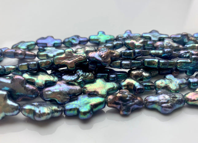 9-10x14-15 AAA High Luster Rainbow Peacock Color Cross Coin Freshwater Pearls Genuine Cross Shape Freshwater Coin Pearls 29 Pieces #P1427