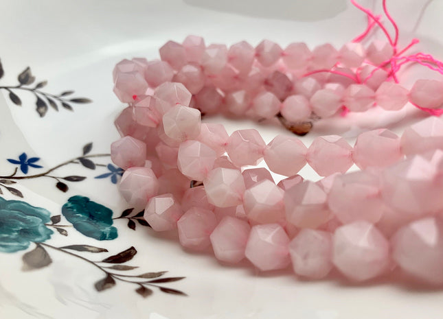 10 mm AAA Natural Faceted Star Cut Rose Quartz Gemstone Beads Genuine Faceted Rose Quartz Gemstone Loose Beads 8 Inches Half Strand #2586