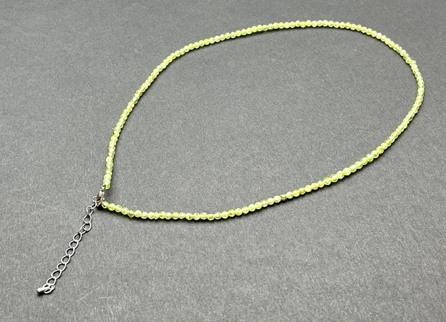 3mm Faceted Round Tiny Natural Light Green Peridot Gemstone Beads Cute 15 or 18 Inch Necklace and Extender W/Silver Lobster Clasp #4097