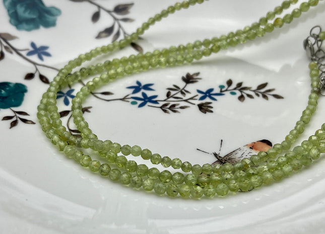 3mm Faceted Round Tiny Natural Light Green Peridot Gemstone Beads Cute 15 or 18 Inch Necklace and Extender W/Silver Lobster Clasp #4097
