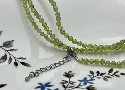3mm Faceted Round Tiny Natural Light Green Peridot Gemstone Beads Cute 15 or 18 Inch Necklace and Extender W/Silver Lobster Clasp #4097