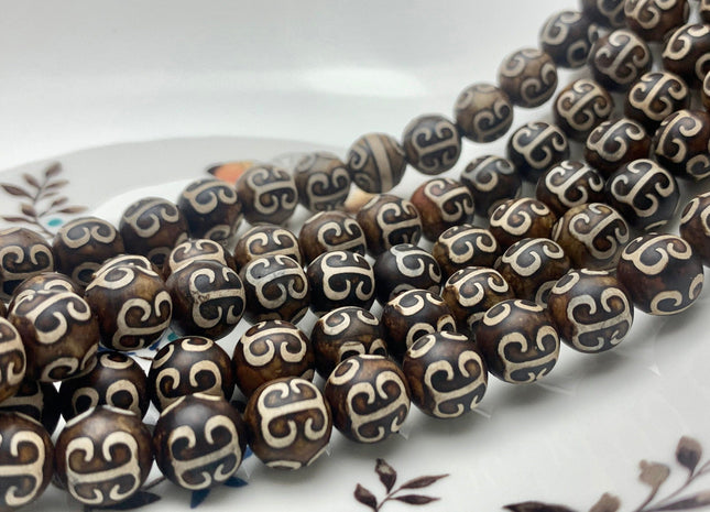 New Style 8 mm 10 mm AAA Top Quality Round Etched Tibetan Agate Beads Dark Brown Antique Tibetan Agate Gemstone Beads 14 Inches Strand #3022
