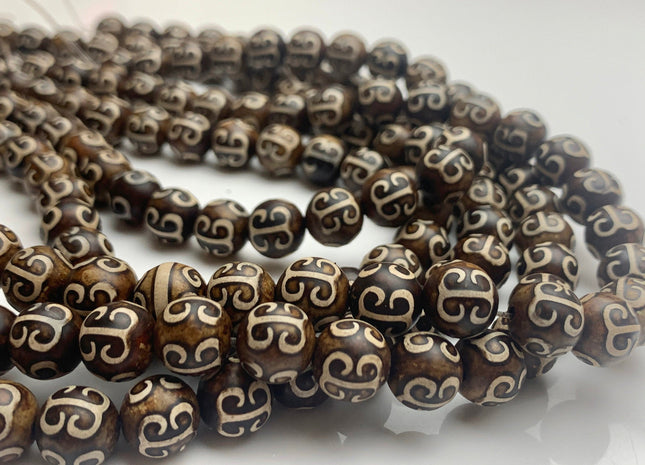 New Style 8 mm 10 mm AAA Top Quality Round Etched Tibetan Agate Beads Dark Brown Antique Tibetan Agate Gemstone Beads 14 Inches Strand #3022