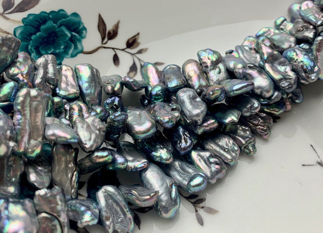 6-8x13-19 mm Gray Peacock Biwa Stick Freshwater Pearl Beads Genuine Cultured Center Drilled Peacock Biwa Pearl Beads 51-52 Pieces #P1531