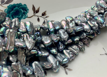 6-8x13-19 mm Gray Peacock Biwa Stick Freshwater Pearl Beads Genuine Cultured Center Drilled Peacock Biwa Pearl Beads 54-65 Beads #P1531