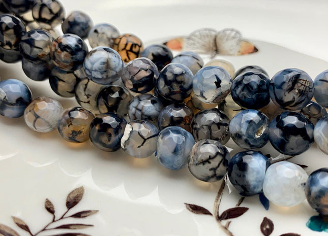 9mm 10mm 12mm 14mm AAA Faceted Round Dragon Vein Gemstone Beads Black & White Agate Beads With Translucent Color 15.5 Inches #2782