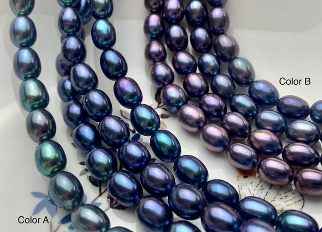 7-7.5x9-9.5 mm AAAA Blue Peacock Color Oval/Rice Freshwater Pearls High Quality/Luster Blue Peacock Long Oval Pearls 42 Pieces #P1428