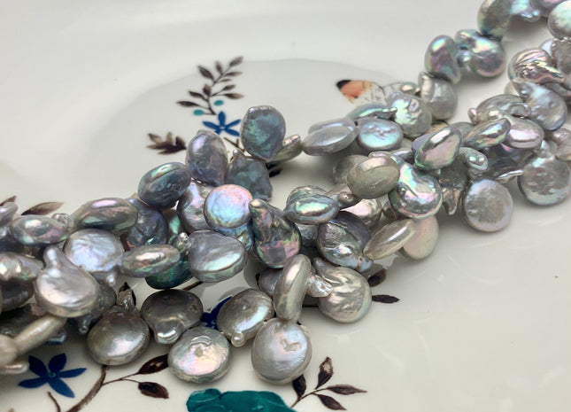 9x11 mm AA High Luster Gray Color Top Drilled Teardrop Coin Freshwater Pearl Beads Genuine Cultured Flat Coin Pearl Beads 57 Beads #P1617