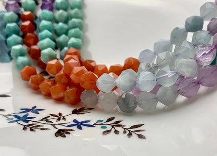 7-8 mm AAA Faceted Star Cut Mixed Gemstone Beads Genuine Amethyst Amazonite Carnelian Aquamarine Loose Beads 15 Inches Strand #2719