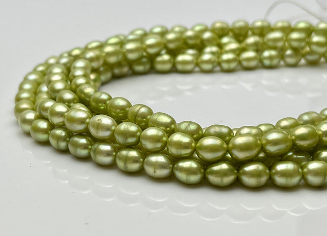 5.5x6-7 mm Rice Oval Freshwater Pearl Beads Light Green Color Genuine Smooth Freshwater Pearl Beads Green Color Oval Pearls #P2206