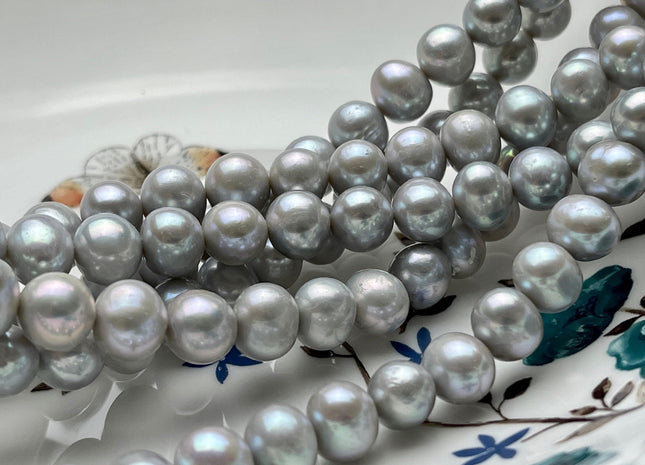 9 mm AA Silver Gray/Dark Gray Semi-Round / Potato Freshwater Pearl Genuine Round Freshwater Pearls, Gray Freshwater Pearl Beads #1039