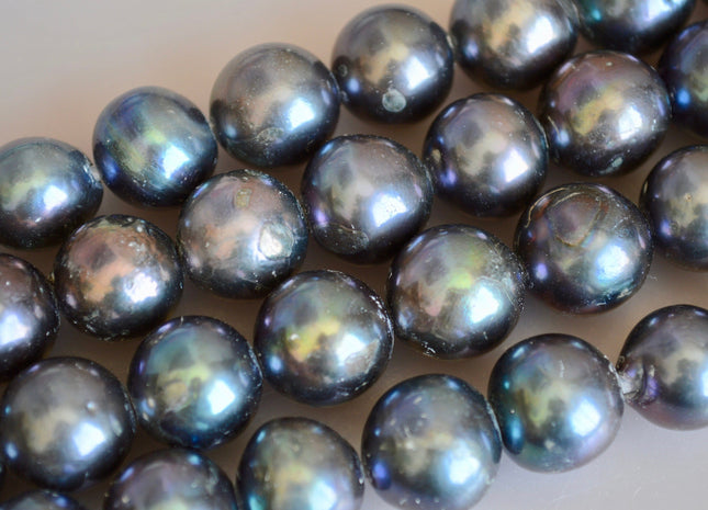 12-14 mm Half Strand Large Hole Dark Peacock Freshwater Pearl Beads Graduated Off Round Shape Hole Size 2.2 mm 8 Inches 15 Beads #776