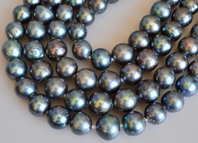12-14 mm Half Strand Large Hole Dark Peacock Freshwater Pearl Beads Graduated Off Round Shape Hole Size 2.2 mm 8 Inches 15 Beads #776