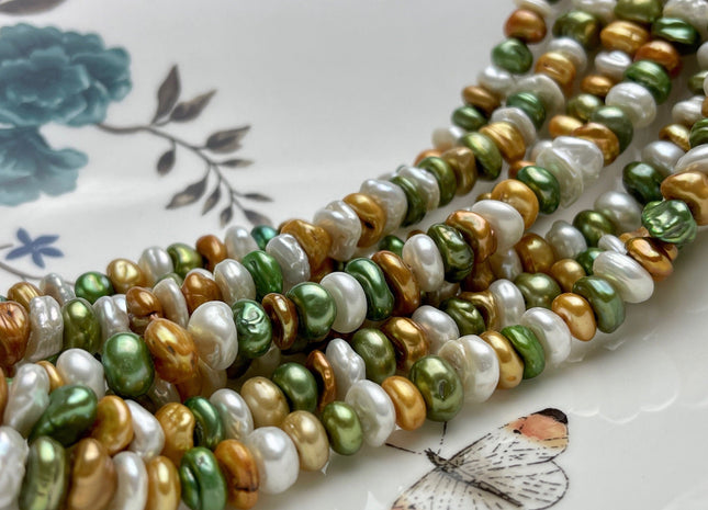 8-9 mm Green Champagne Natural White Keshi Freshwater Pearl Beads Genuine High Luster Center Drilled Rondelle Disc Beads #P1886