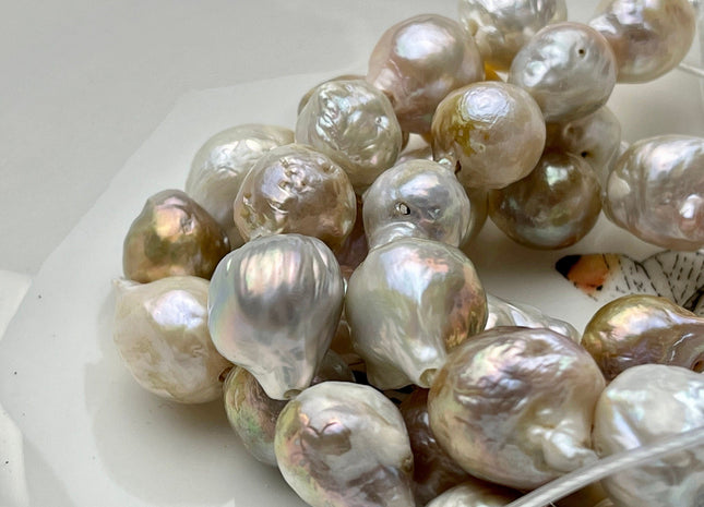 12-14x15-17 mm Half Strand Large Hole Natural Baroque Pearl 2.2 mm Hole, Natural Seaweed White & Pink Jumbo Baroque Pearl Beads #239