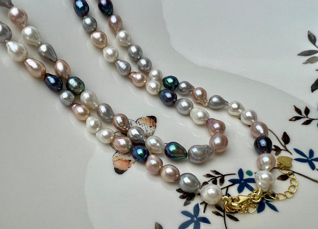 18/20/22/24/26/28 Inches Hand Knotted 7-8mm AAA Mixed White Pink Peacock Barouque Pearl Necklace With Silver/Gold Filled Clasp #P2270