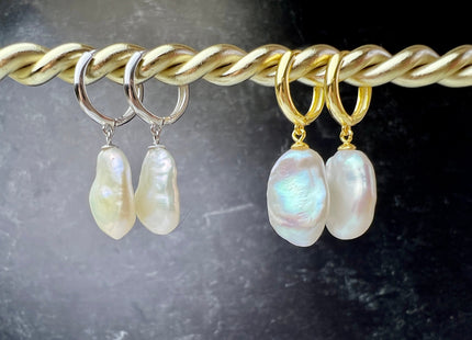 12x15 mm AAAA Natural White Keshi Freshwater Pearl Hoop Earrings Very Rare Super High Luster Keshi Pearl Silver/Gold Earrings #10277-A