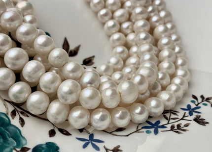 9-10 mm AA Half Strand Large Hole Natural White Potato Freshwater Pearls Hole Size 1.5-2.1mm Genuine High Luster White Pearl #P1096