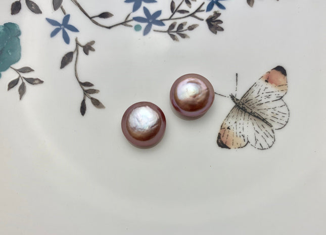 ONE Pair AAAAA 12-13 mm Ultra Dark Natural Mauve Purple Top Quality Super High Luster Half Drilled Paired Earring Thick Coin Pearls #P1153-C