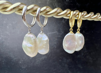 12x15 mm AAAA Natural White Keshi Freshwater Pearl Hoop Earrings Very Rare Super High Luster Keshi Pearl Silver/Gold Earrings #10277-A