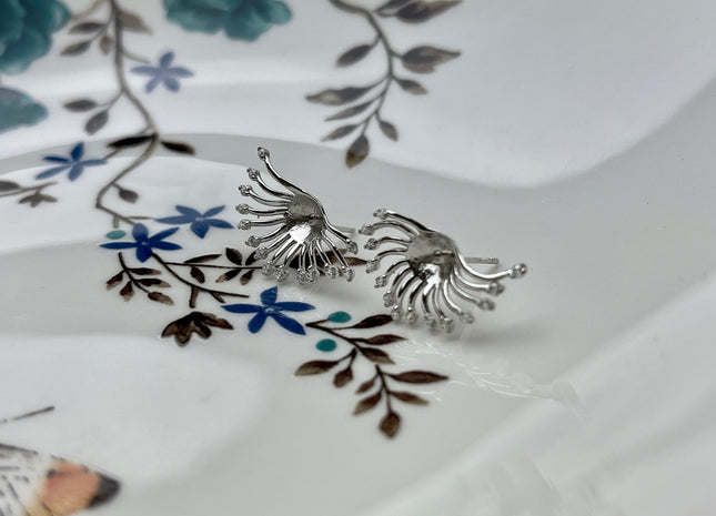 One Pair 925 Sterling Silver Setting Findings For Half Drilled Pearls Oceanic Plant Shape Design Sterling Silver Earring Findings #10236