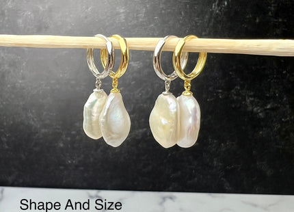 12x15 mm AAAA Natural White Keshi Freshwater Pearl Hoop Earrings Very Rare Super High Luster Keshi Pearl Silver/Gold Earrings #10277-A