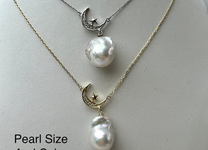 Genuine AAAA 12-13x15-18mm Natural White baroque Pearl Sterling Silver/Gold Star Moon Shape Design Pearl Necklace Bridal Jewelry #10093-B