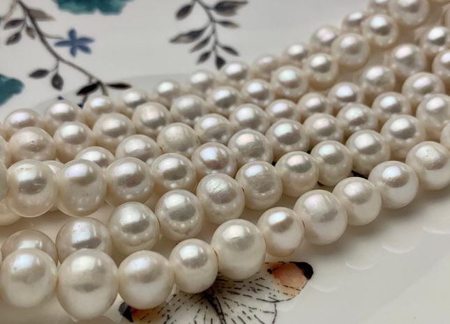 9-10 mm AA Half Strand Large Hole Natural White Potato Freshwater Pearls Hole Size 1.5-2.1mm Genuine High Luster White Pearl #P1096