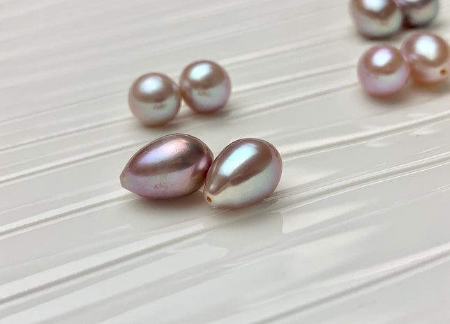 AAA One Pair 8-8.5x10-12 mm Top Quality High Luster Rice/Oval Half Drilled Freshwater Pearls Genuine Natural Mauve Pink Pearls #1582