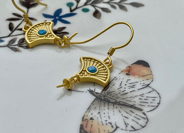 One Pair 925 Sterling Silver Simple Hook Earring Setting Gold Painted Fan Coin Shape Earring Hook Findings For Half Drilled Pearls #10254