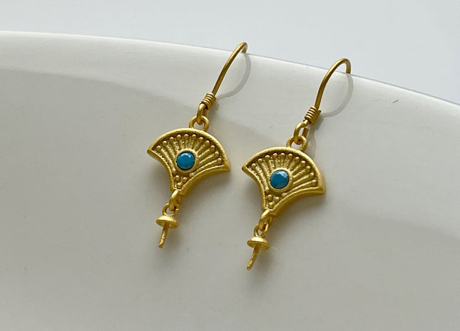 One Pair 925 Sterling Silver Simple Hook Earring Setting Gold Painted Fan Coin Shape Earring Hook Findings For Half Drilled Pearls #10254