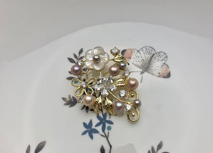 Genuine AAA Natural Freshwater Pearl Brooch Gold Color Floral Design Pendant With Carved MOP Flowers #10029