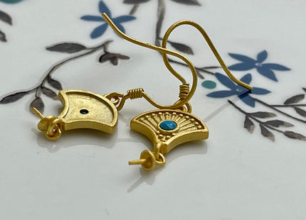 One Pair 925 Sterling Silver Simple Hook Earring Setting Gold Painted Fan Coin Shape Earring Hook Findings For Half Drilled Pearls #10254