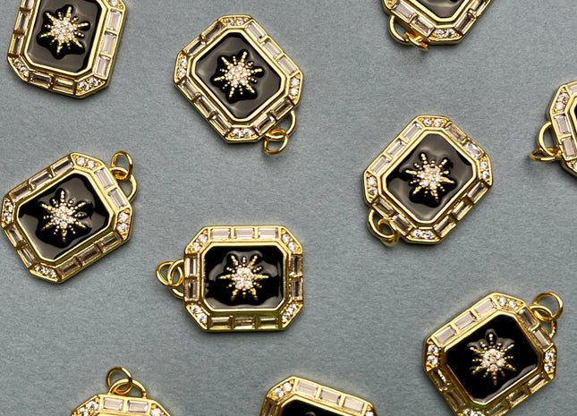 Star Sun Design Charms for Necklace Jewelry Making, 18K Gold Filled Charm Enamel Colored Antique Pendant With CZ, One Piece #CR0017