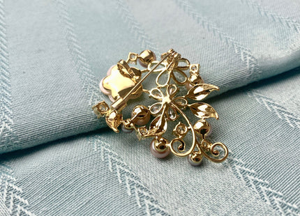 Genuine AAA Natural Freshwater Pearl Brooch Gold Color Floral Design Pendant With Carved MOP Flowers #10029