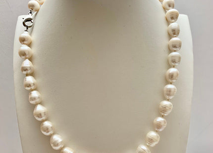 18 Inches Hand Knotted 10x12 mm Freshwater Rice Oval Pearl Necklace Natural White Freshwater Pearl Necklace With Silver Clasp #P1075