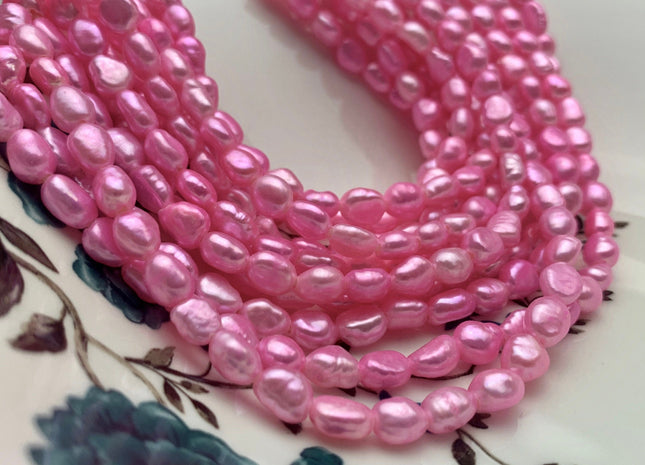 6x8 mm AA Large Hole Hot Pink Color Rice Nugget Freshwater Pearls Hole Size 1.5 mm Lustrous Genuine Rice Nugget Pearl Beads #P1073