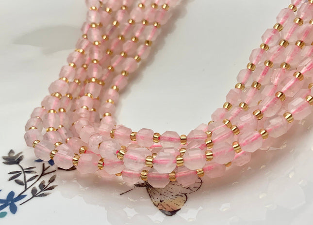 5x6mm Faceted Energy Prism Cut Rose Quartz Gemstone Genuine Double Terminated Points Natural Pink Quartz Beads 15.5 Inches 48 Pieces #3650