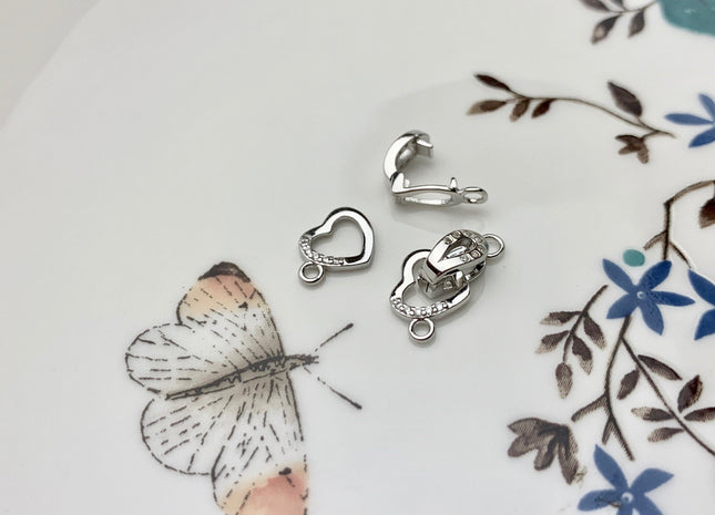 8x15 mm 925 Sterling Silver Interlaced Heart Shape Clasp Sterling Silver Findings 925 Sterling Silver Clasps With CZ #10068