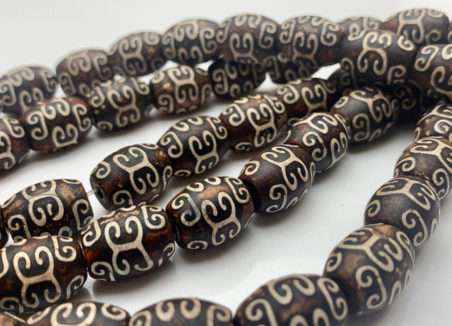 12x15 mm AAA DZI Tibetan Agate Barrel Shape Dark Brown Wooden Etched Agate Gemstone Matte Mala Antique Boho Beads 14 Inches 22 Pieces #3527