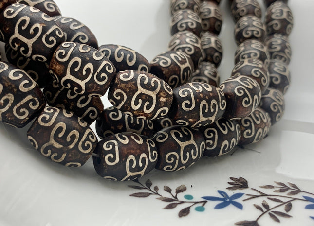 12x15 mm AAA DZI Tibetan Agate Barrel Shape Dark Brown Wooden Etched Agate Gemstone Matte Mala Antique Boho Beads 14 Inches 22 Pieces #3527